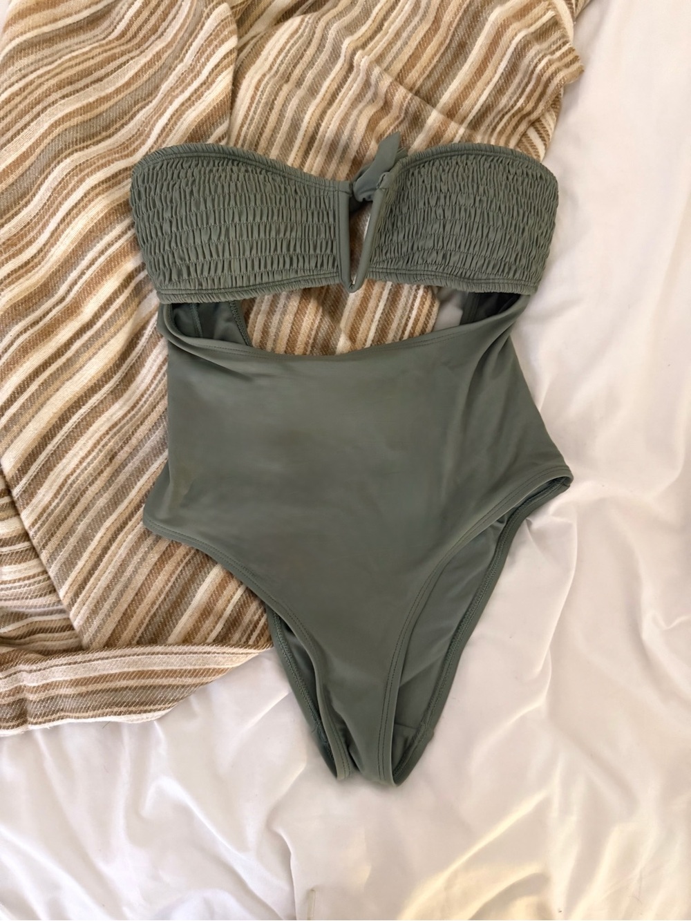 Fashion Nova Olive Green Smocked Bandeau One-Piece Swimsuit
